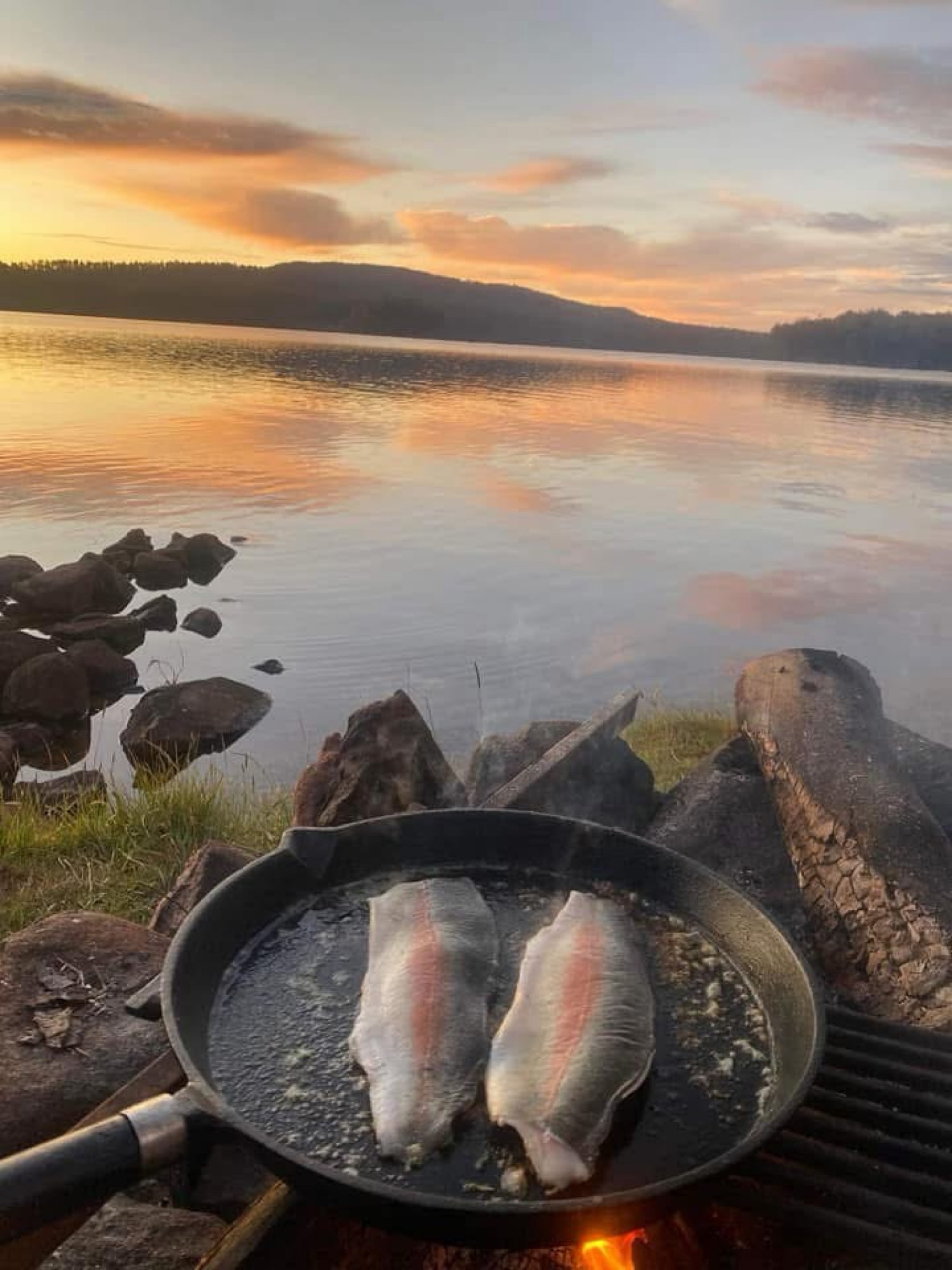 Trout fillets cooking in a pan beside a lake at sunset