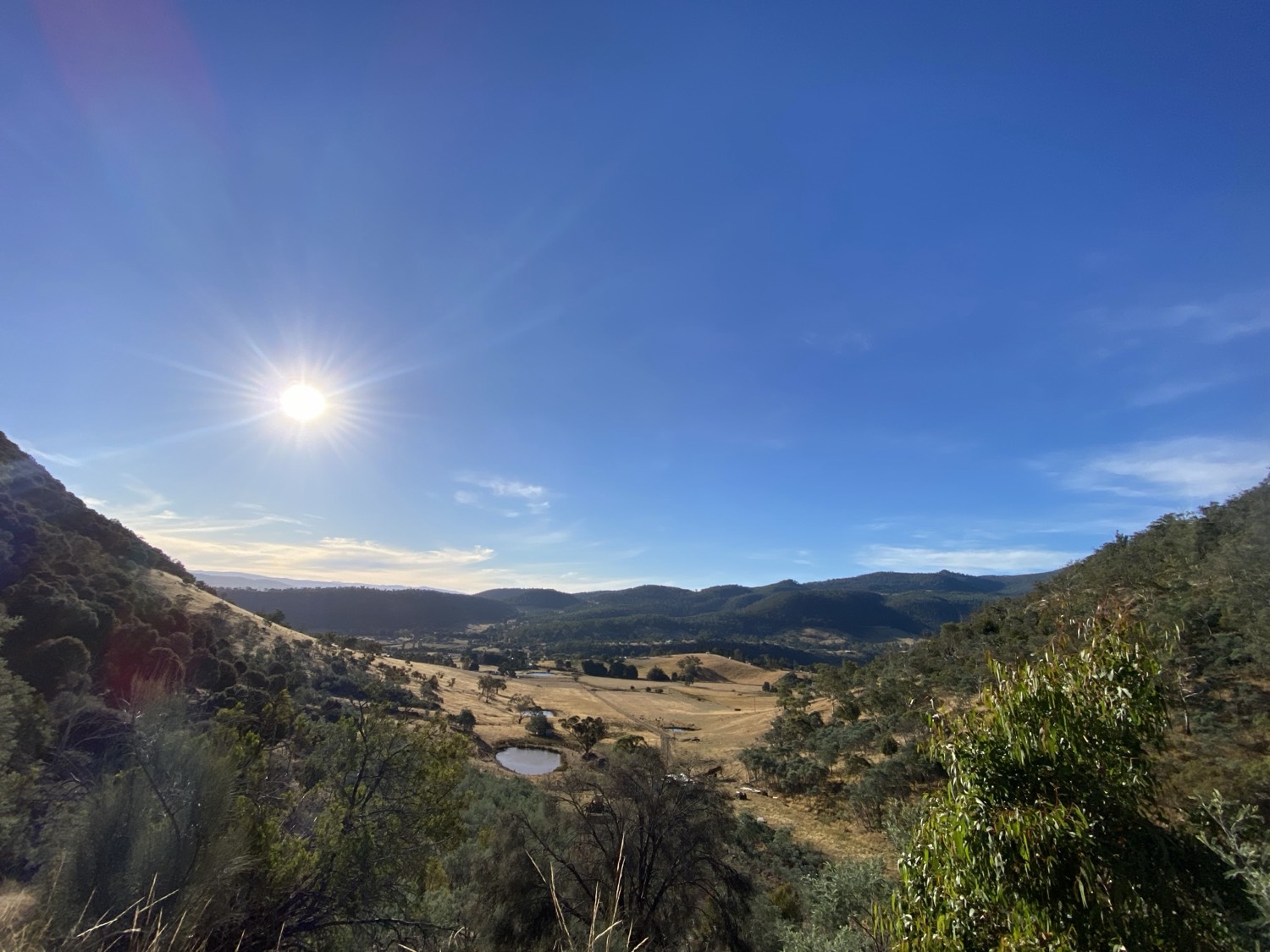 A Tasmanian valley in hard sun, farms and hills below